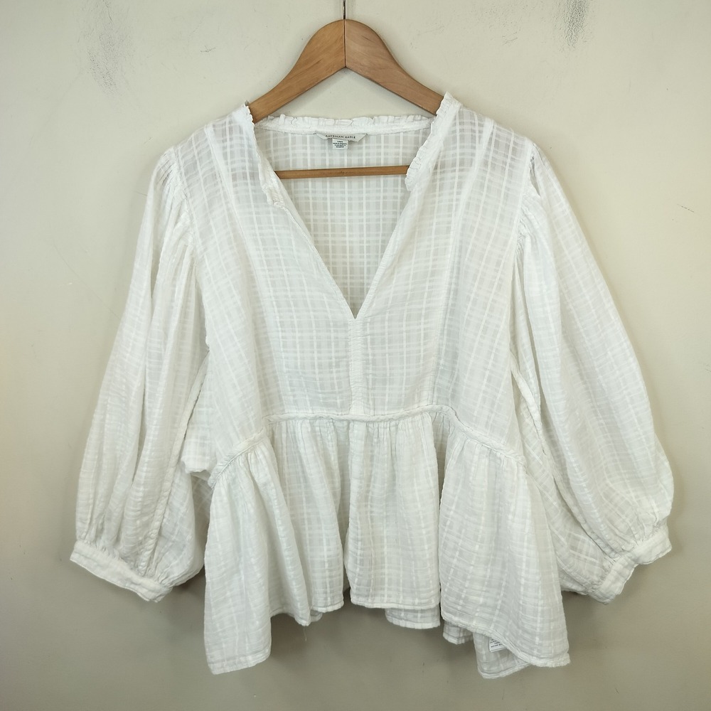 American Eagle Balloon Sleeve Blouse Top Large Boho Peplum White Cotton Cottage